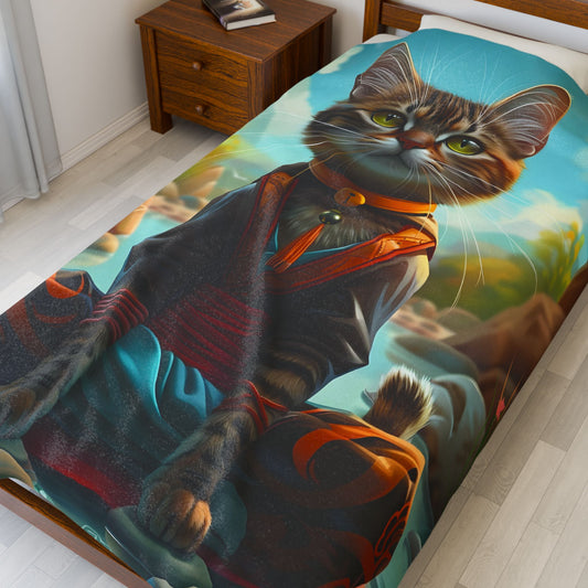 Meditative Cat Velveteen Plush Blanket - Cozy Art for Cat Lovers